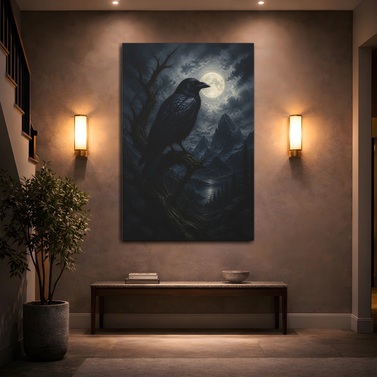 Mockup 2. Moonlit Raven At Night shown as canvas print