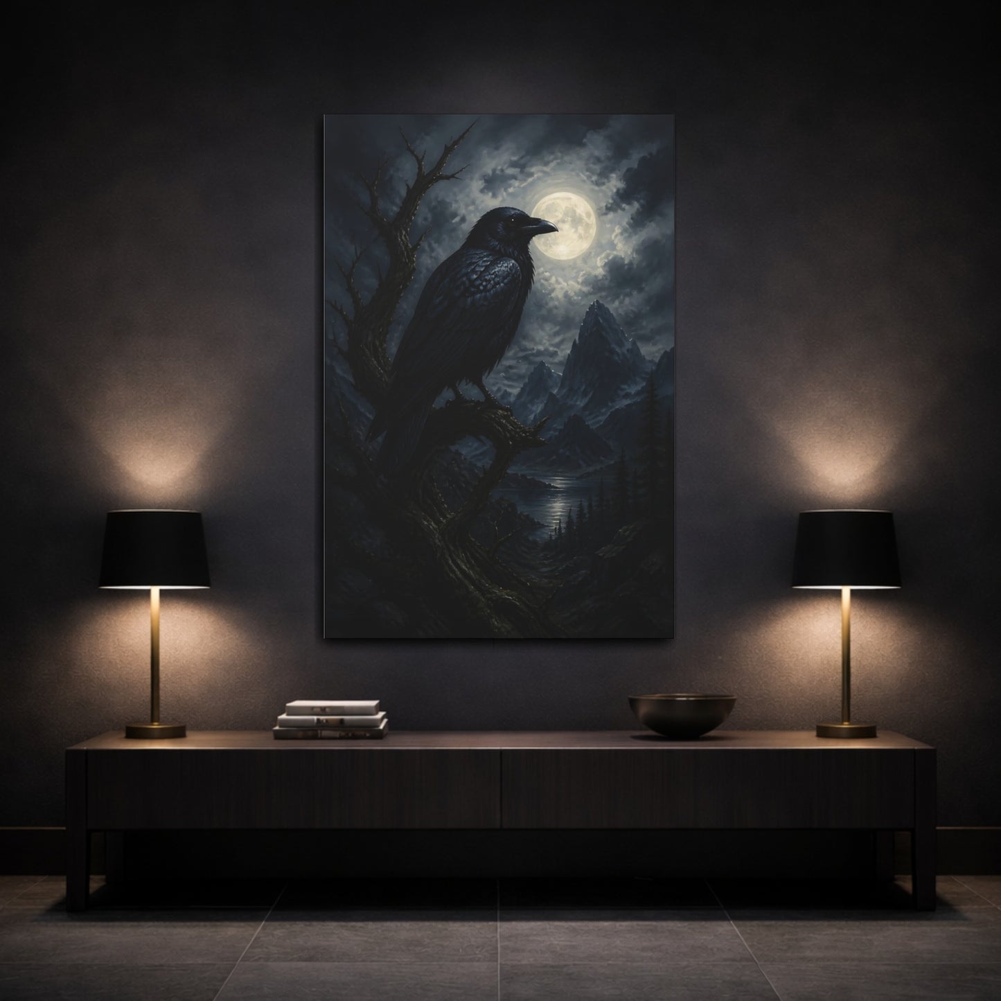 Mockup 3. Moonlit Raven At Night shown as canvas print