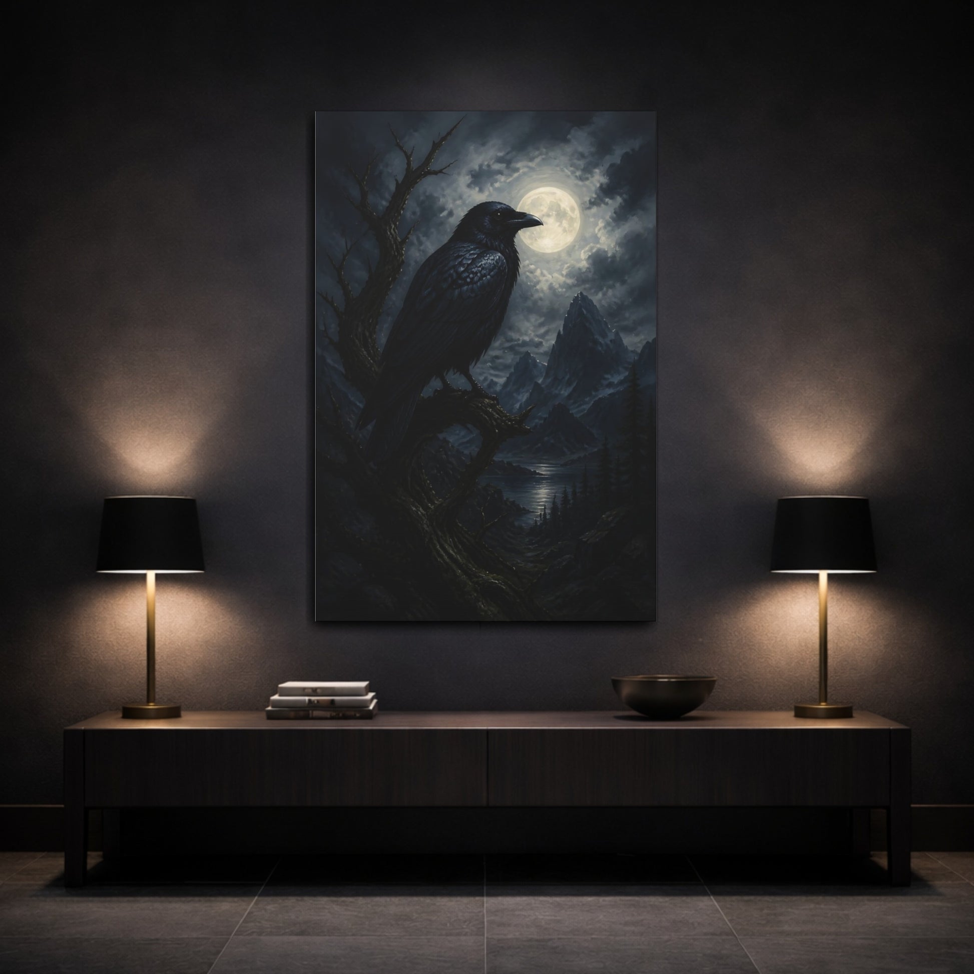 Mockup 3. Moonlit Raven At Night shown as canvas print
