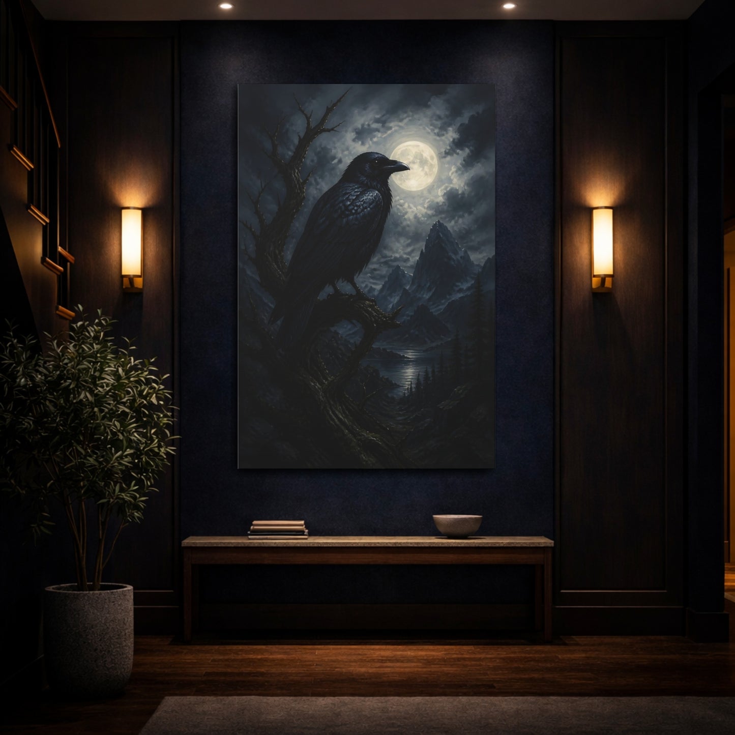 Mockup 4. Moonlit Raven At Night shown as canvas print