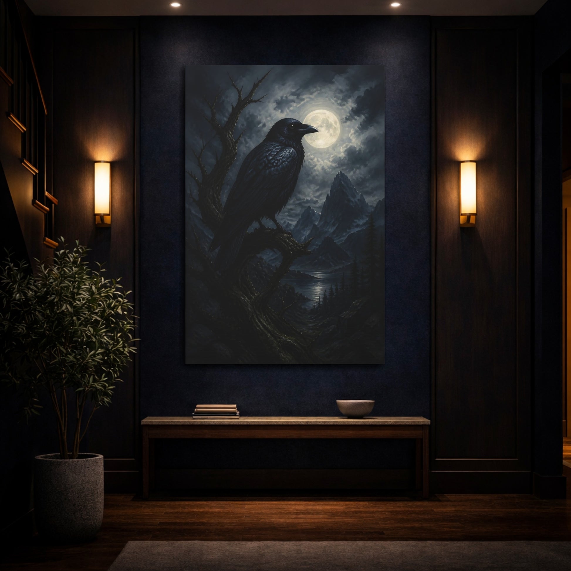 Mockup 4. Moonlit Raven At Night shown as canvas print
