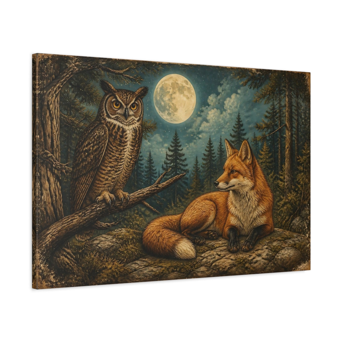 Main Mockup. Moonlit Red Fox And Owl shown as canvas print