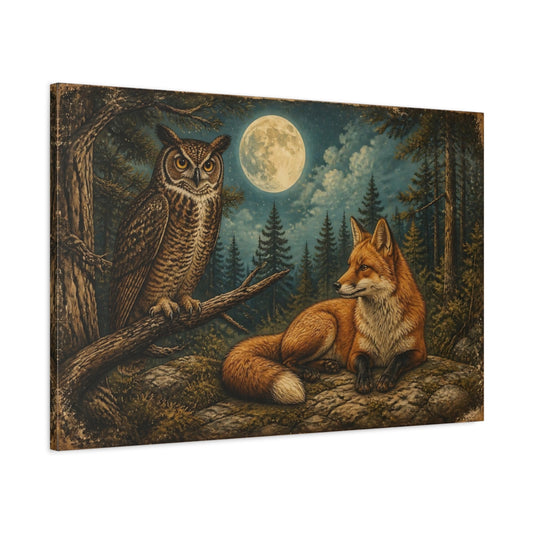 Main Mockup. Moonlit Red Fox And Owl shown as canvas print