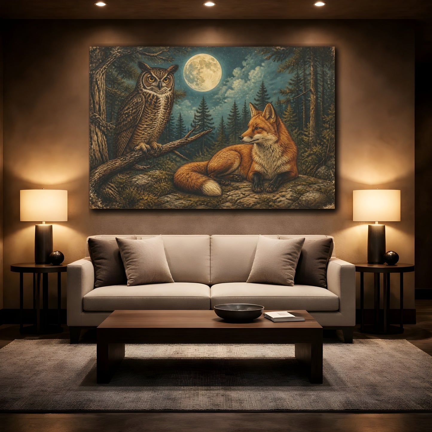 Mockup 2. Moonlit Red Fox And Owl shown as canvas print