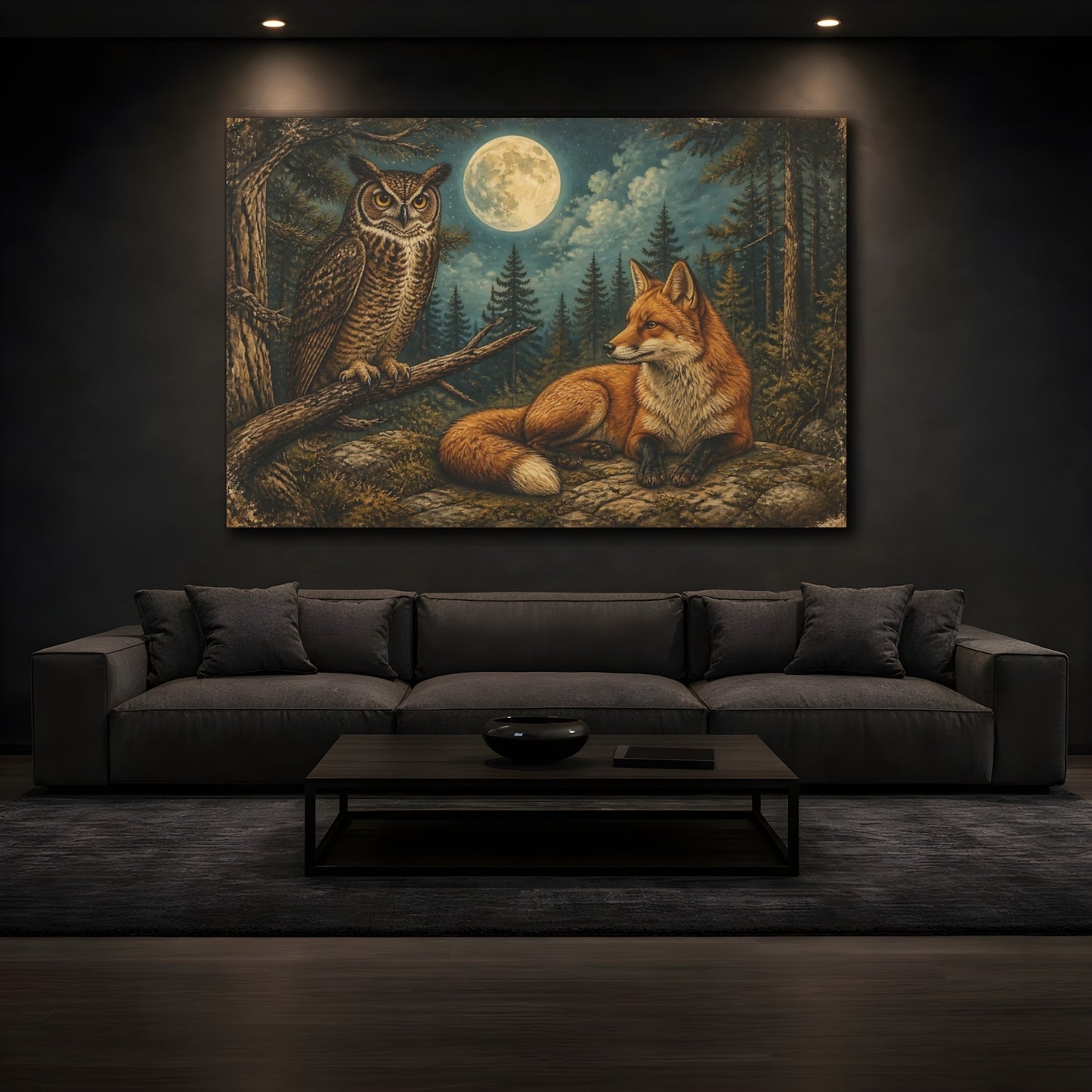 Mockup 3. Moonlit Red Fox And Owl shown as canvas print