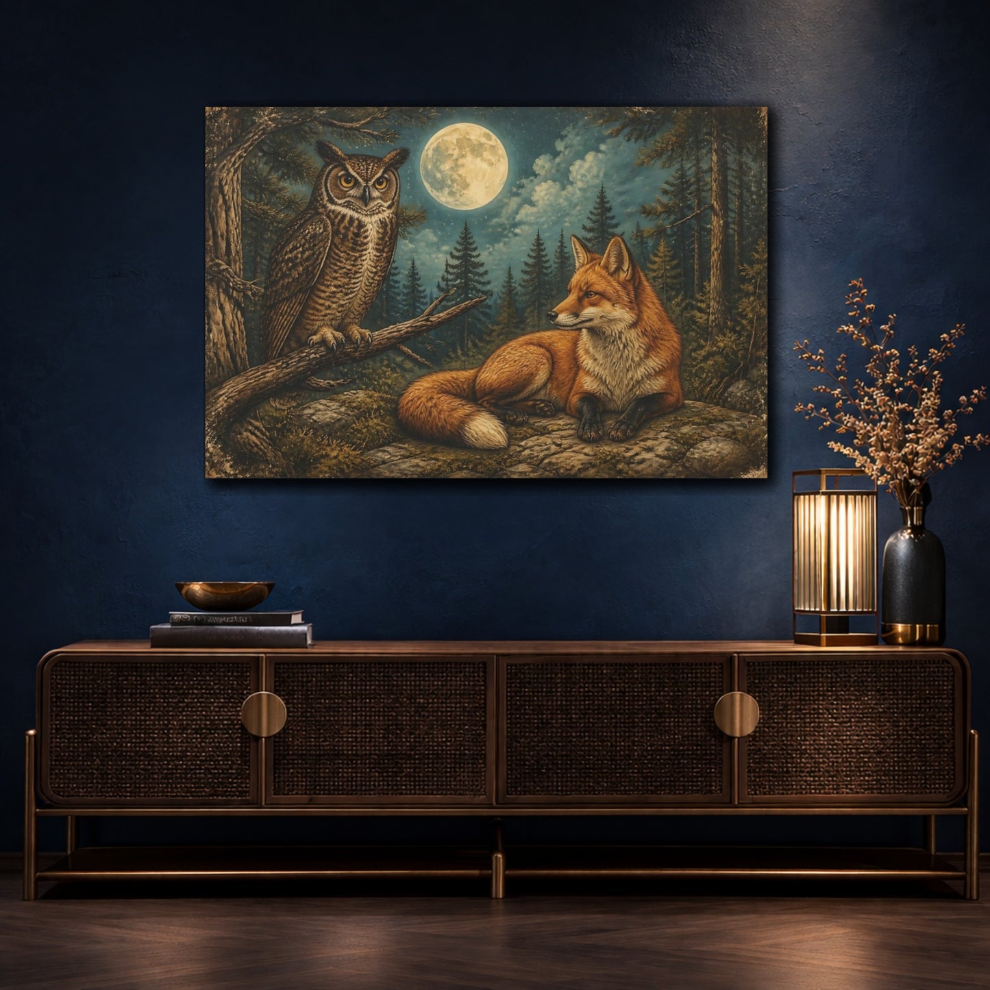 Mockup 4. Moonlit Red Fox And Owl shown as canvas print