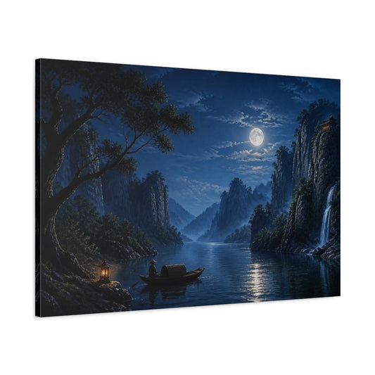 Main Mockup. Moonlit River Boat shown as canvas print