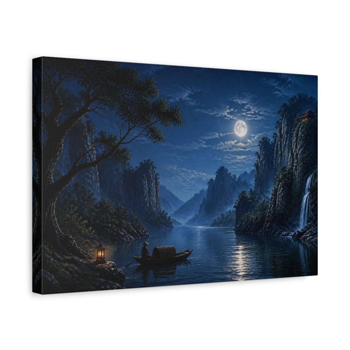 Side Mockup 4. Moonlit River Boat shown as canvas print