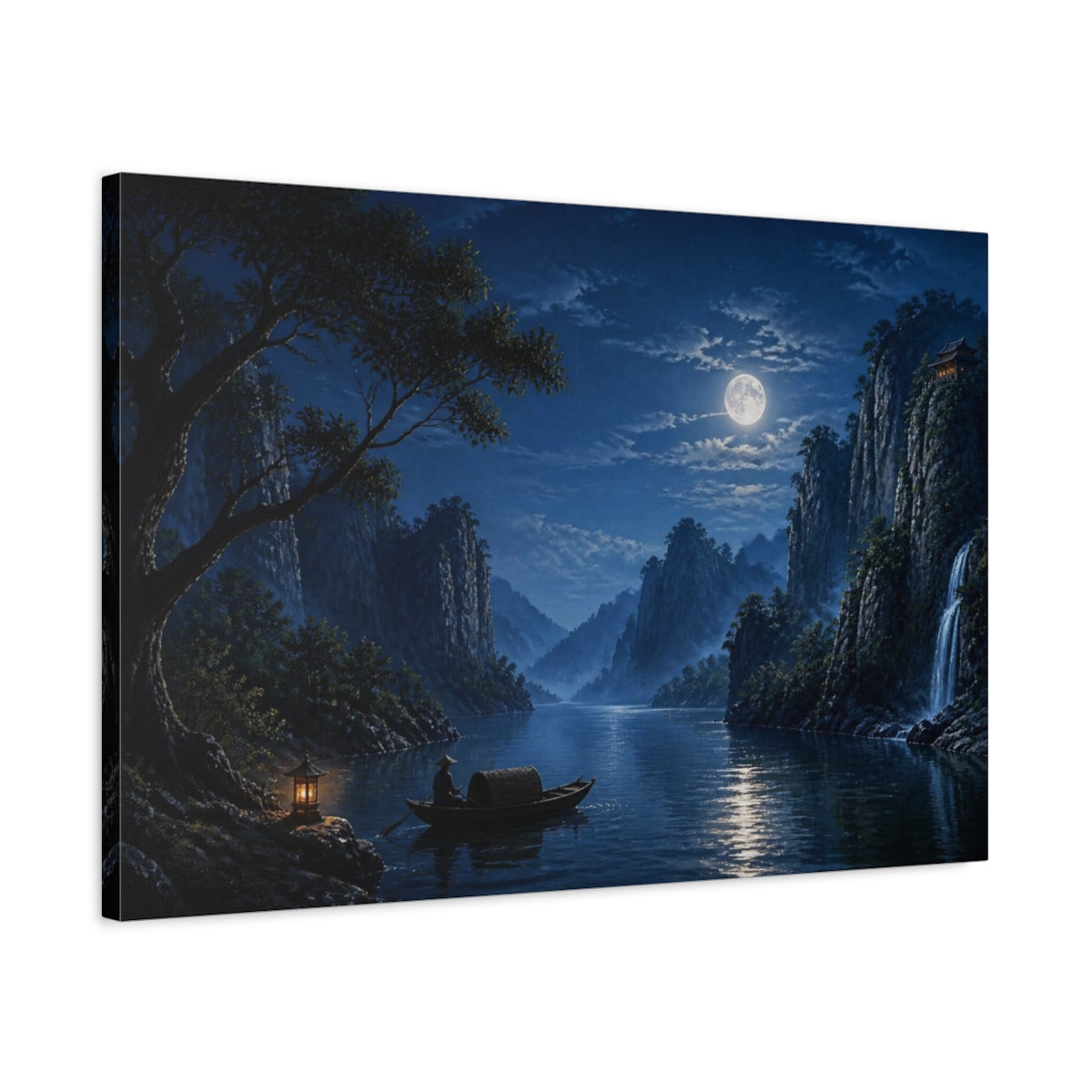 Side Mockup 2. Moonlit River Boat shown as canvas print