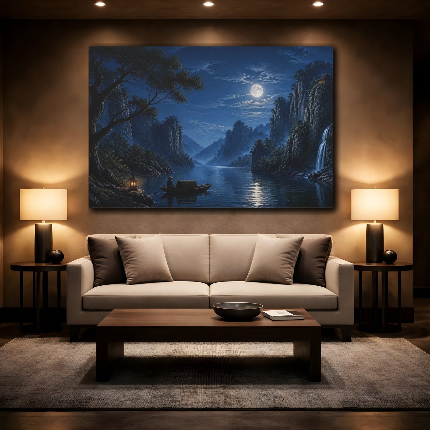 Mockup 2. Moonlit River Boat shown as canvas print