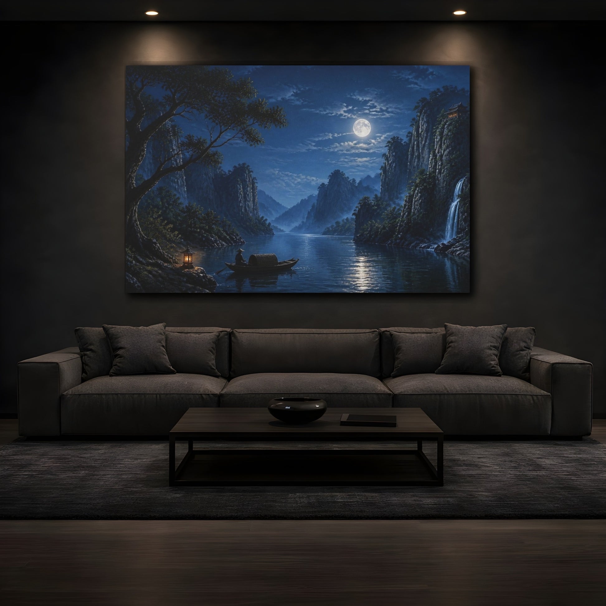 Mockup 3. Moonlit River Boat shown as canvas print
