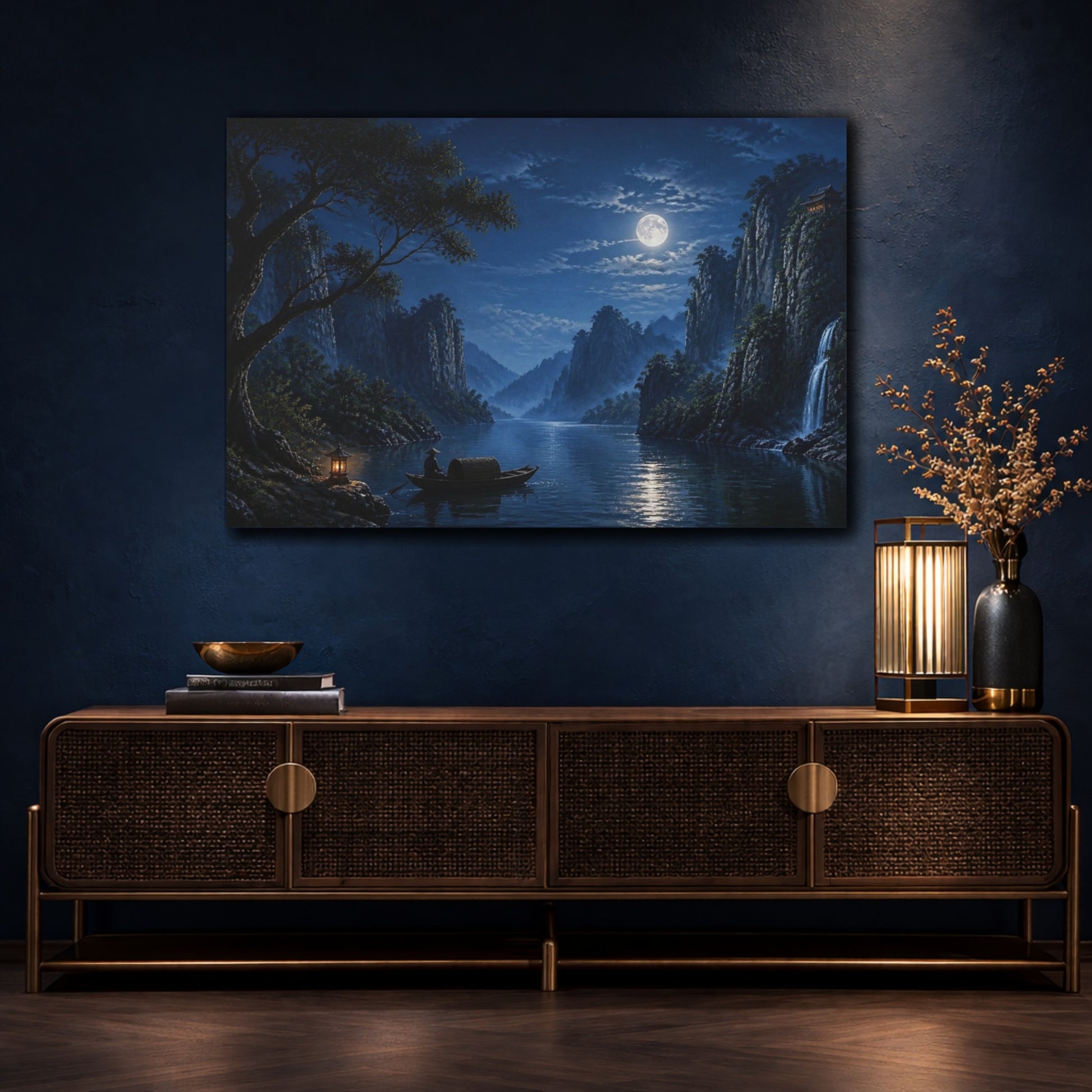 Mockup 4. Moonlit River Boat shown as canvas print