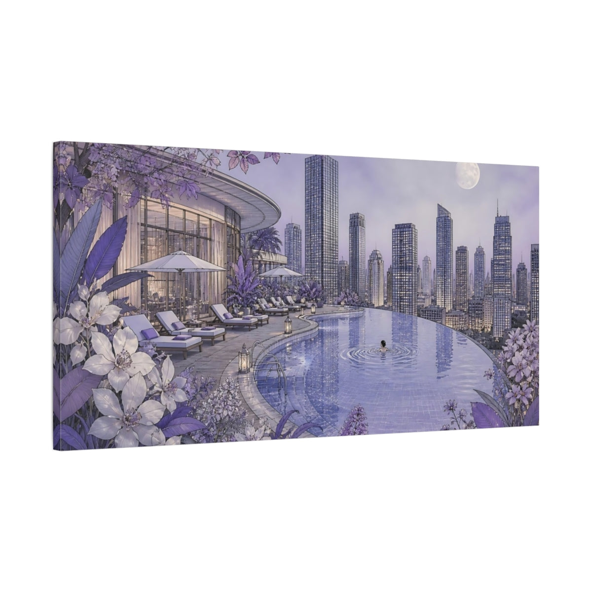 Main Mockup. Moonlit Rooftop Pool shown as canvas print
