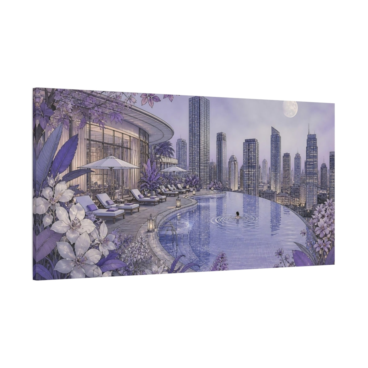 Side Mockup 2. Moonlit Rooftop Pool shown as canvas print