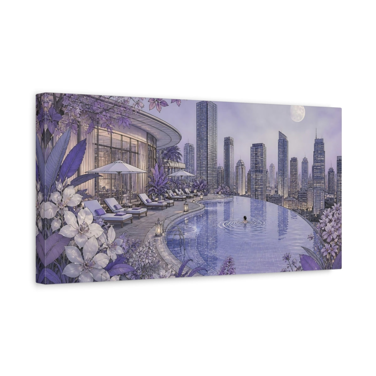 Side Mockup 3. Moonlit Rooftop Pool shown as canvas print