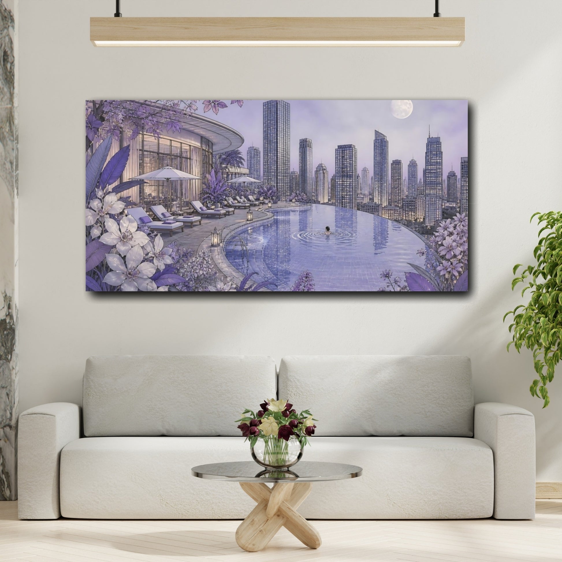 Mockup 2. Moonlit Rooftop Pool shown as canvas print