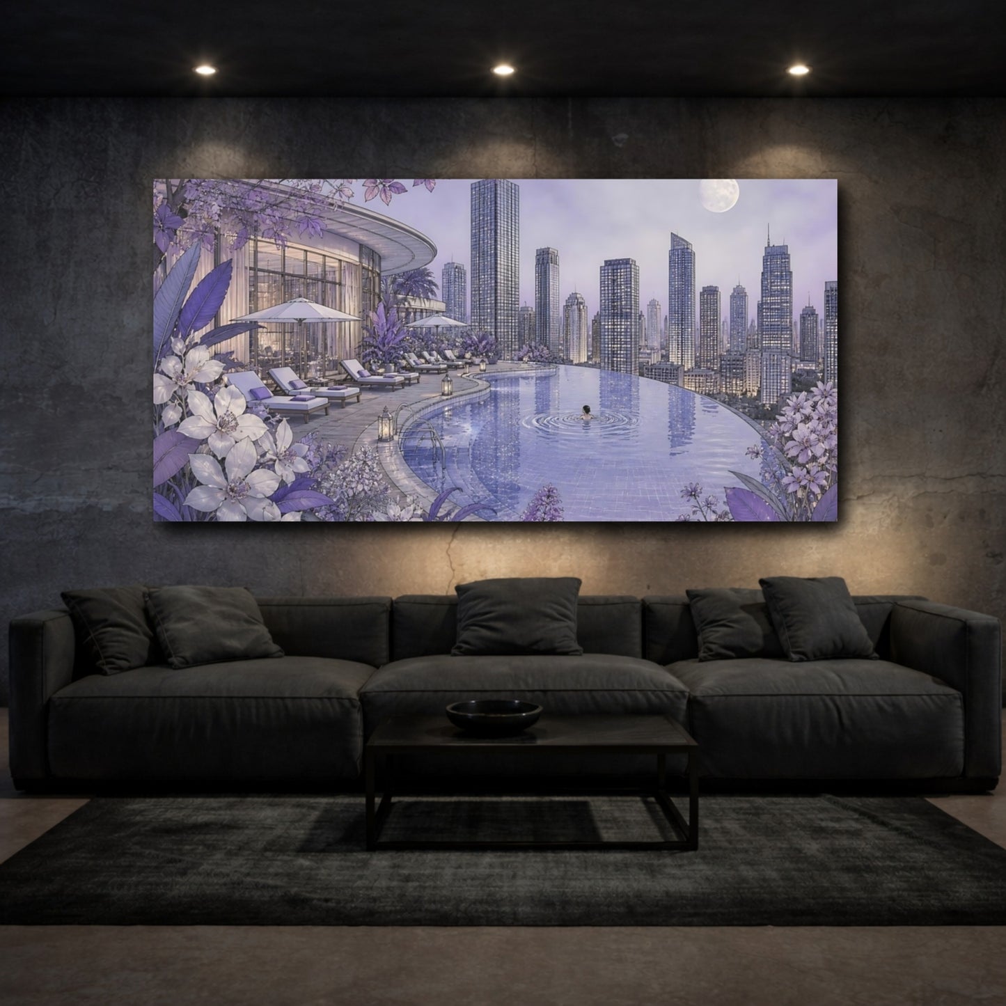 Mockup 3. Moonlit Rooftop Pool shown as canvas print