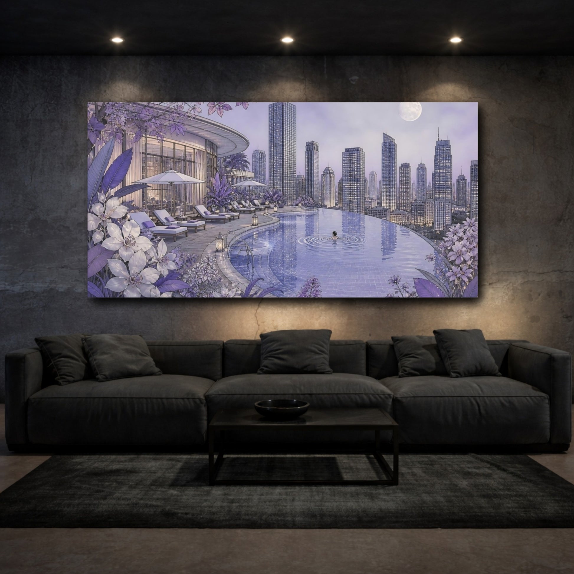 Mockup 3. Moonlit Rooftop Pool shown as canvas print