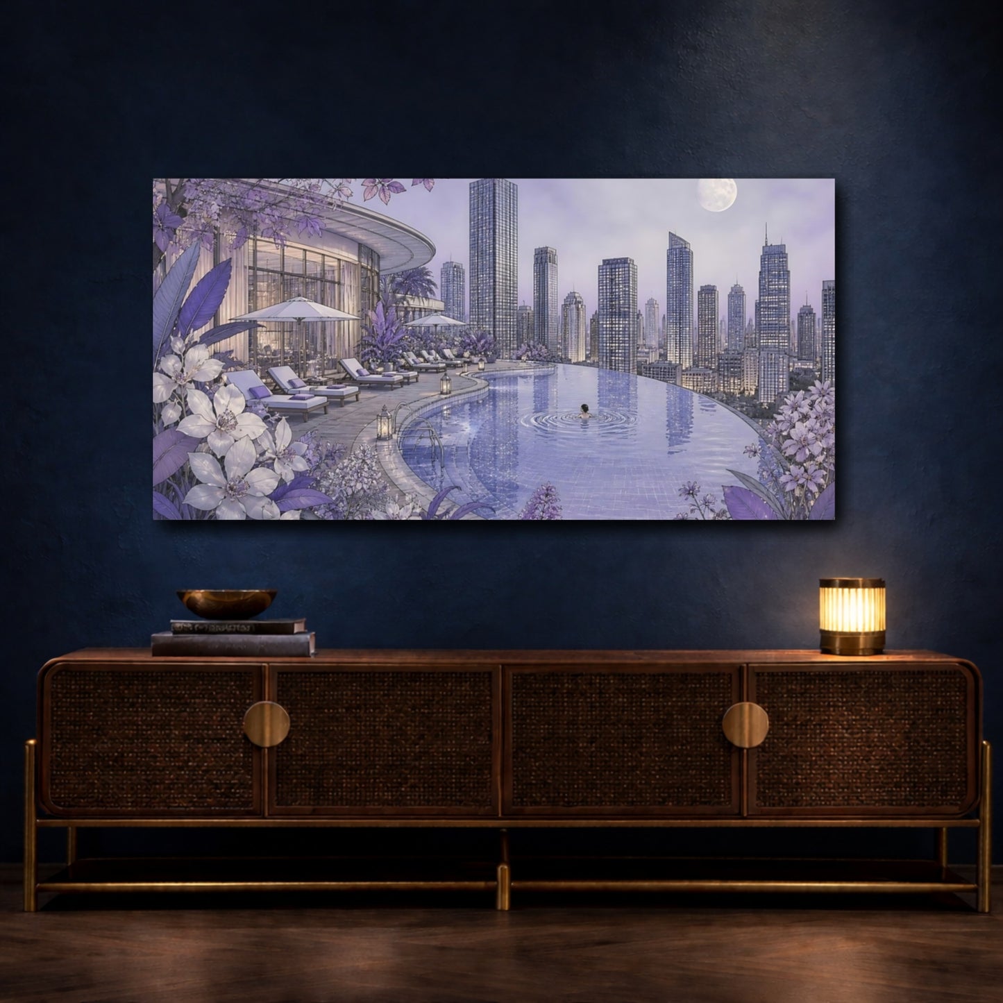 Mockup 4. Moonlit Rooftop Pool shown as canvas print