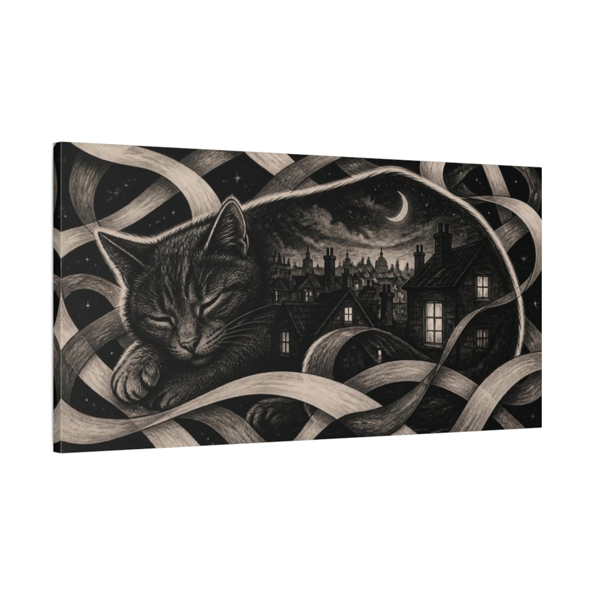 Main Mockup. Moonlit Rooftop Slumber shown as canvas print