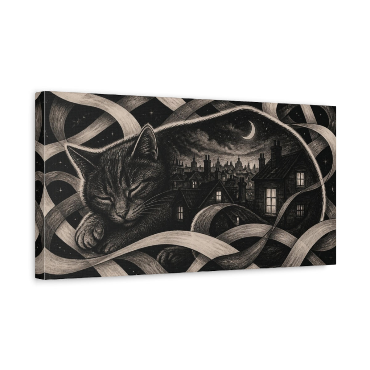 Side Mockup 3. Moonlit Rooftop Slumber shown as canvas print