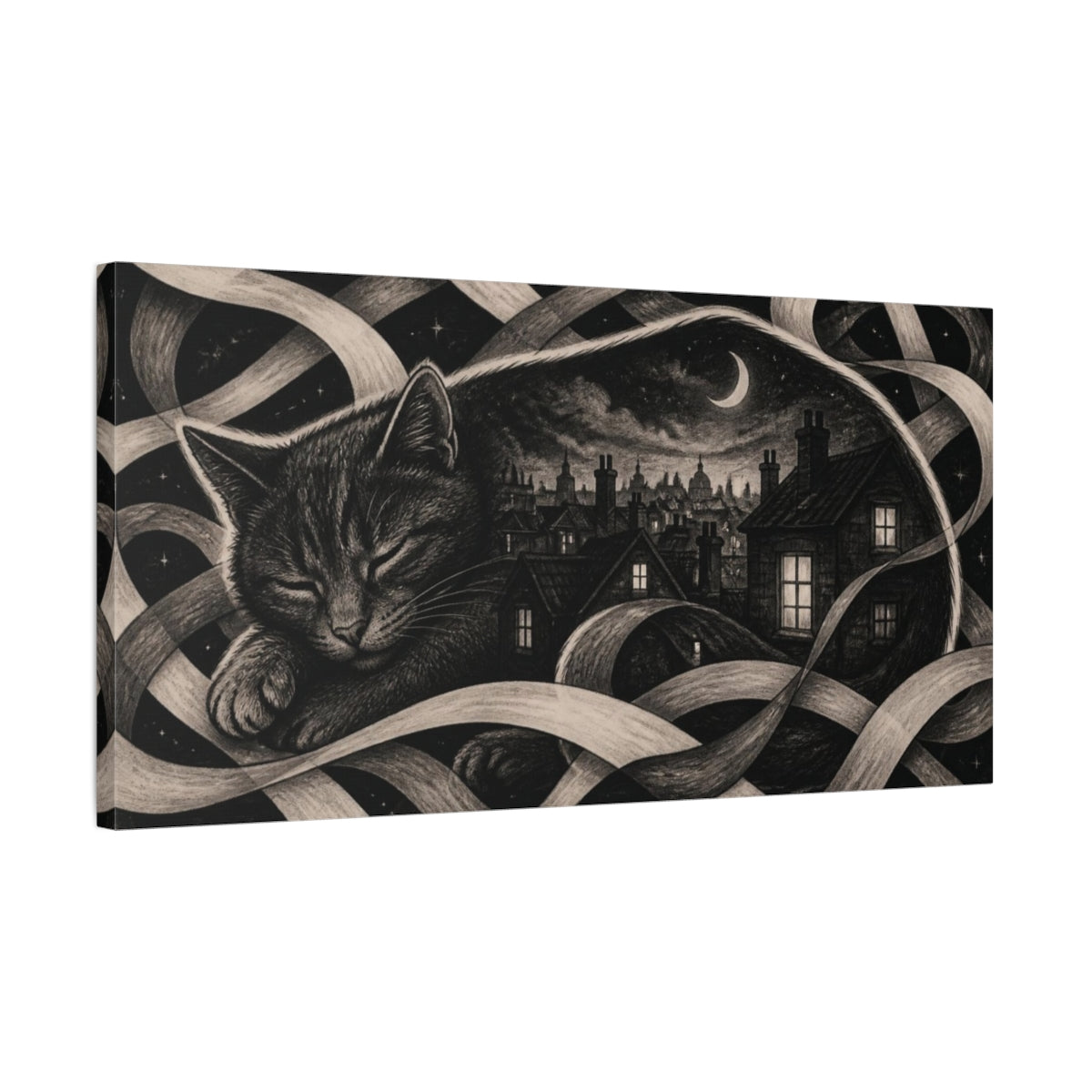 Side Mockup 1. Moonlit Rooftop Slumber shown as canvas print