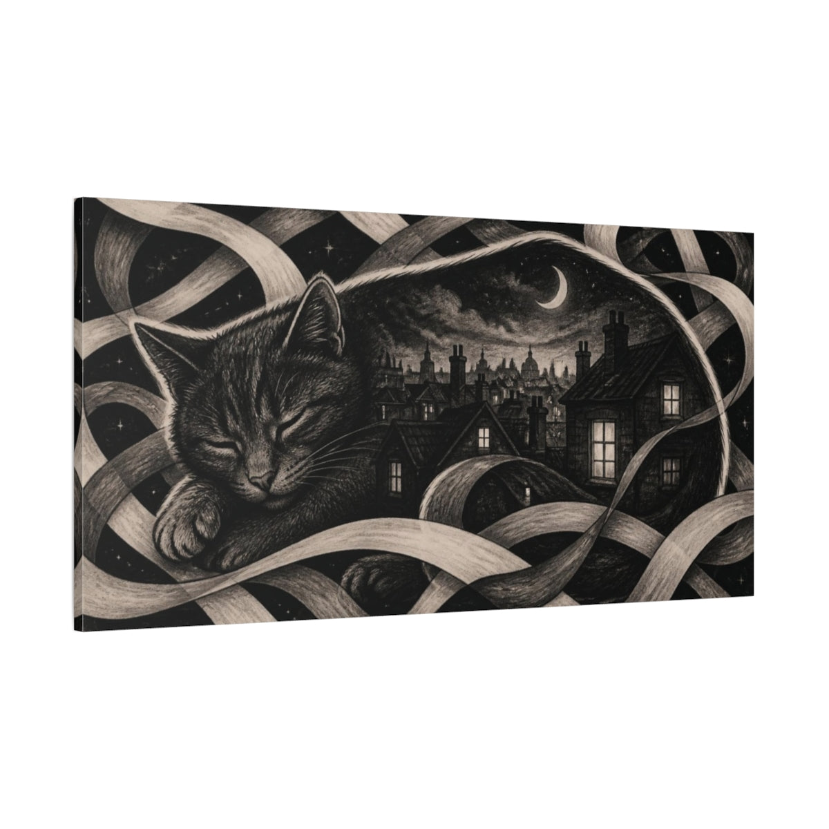 Side Mockup 2. Moonlit Rooftop Slumber shown as canvas print