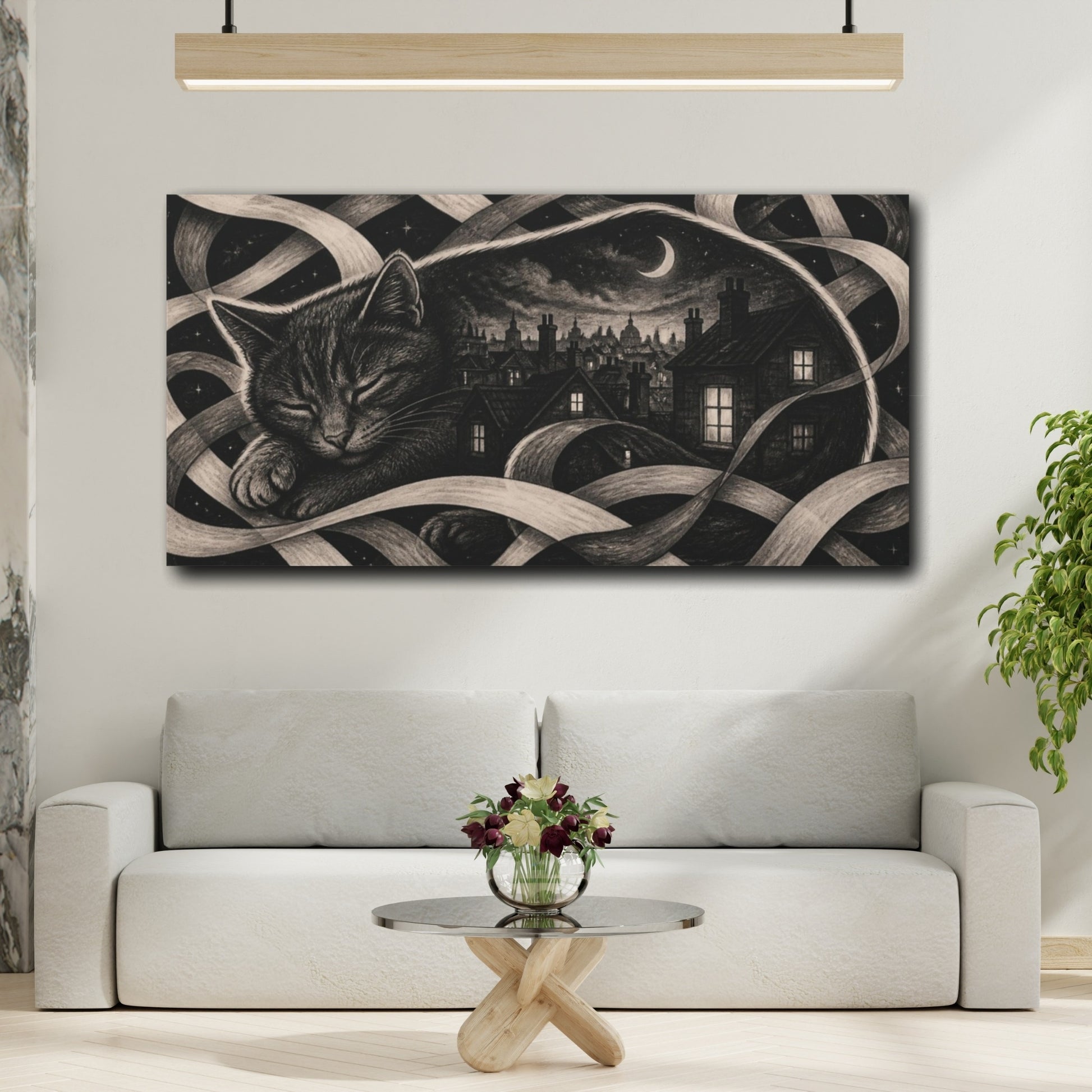 Mockup 2. Moonlit Rooftop Slumber shown as canvas print