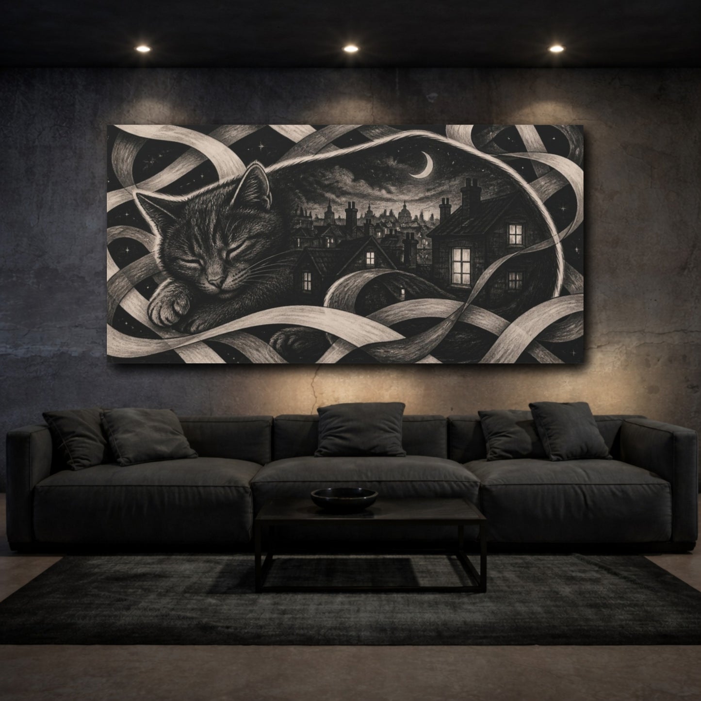 Mockup 3. Moonlit Rooftop Slumber shown as canvas print