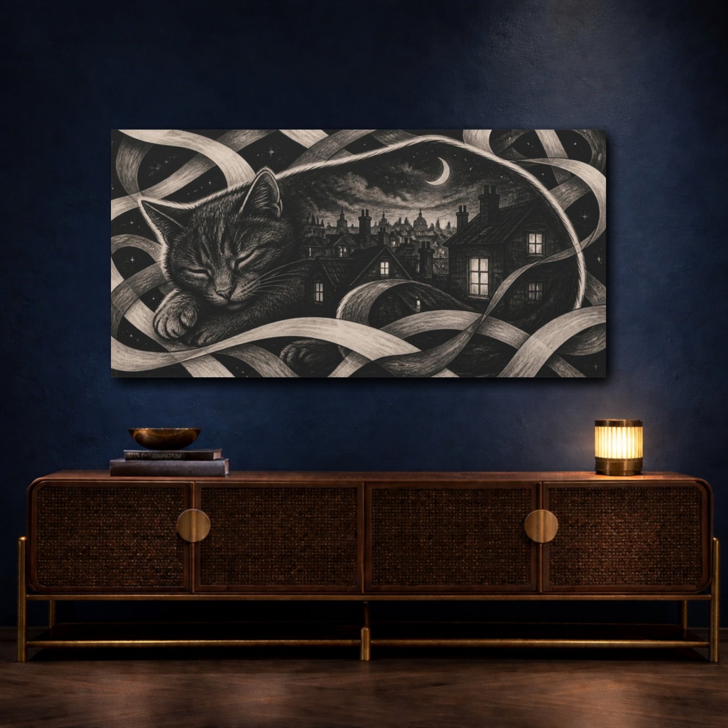 Mockup 4. Moonlit Rooftop Slumber shown as canvas print