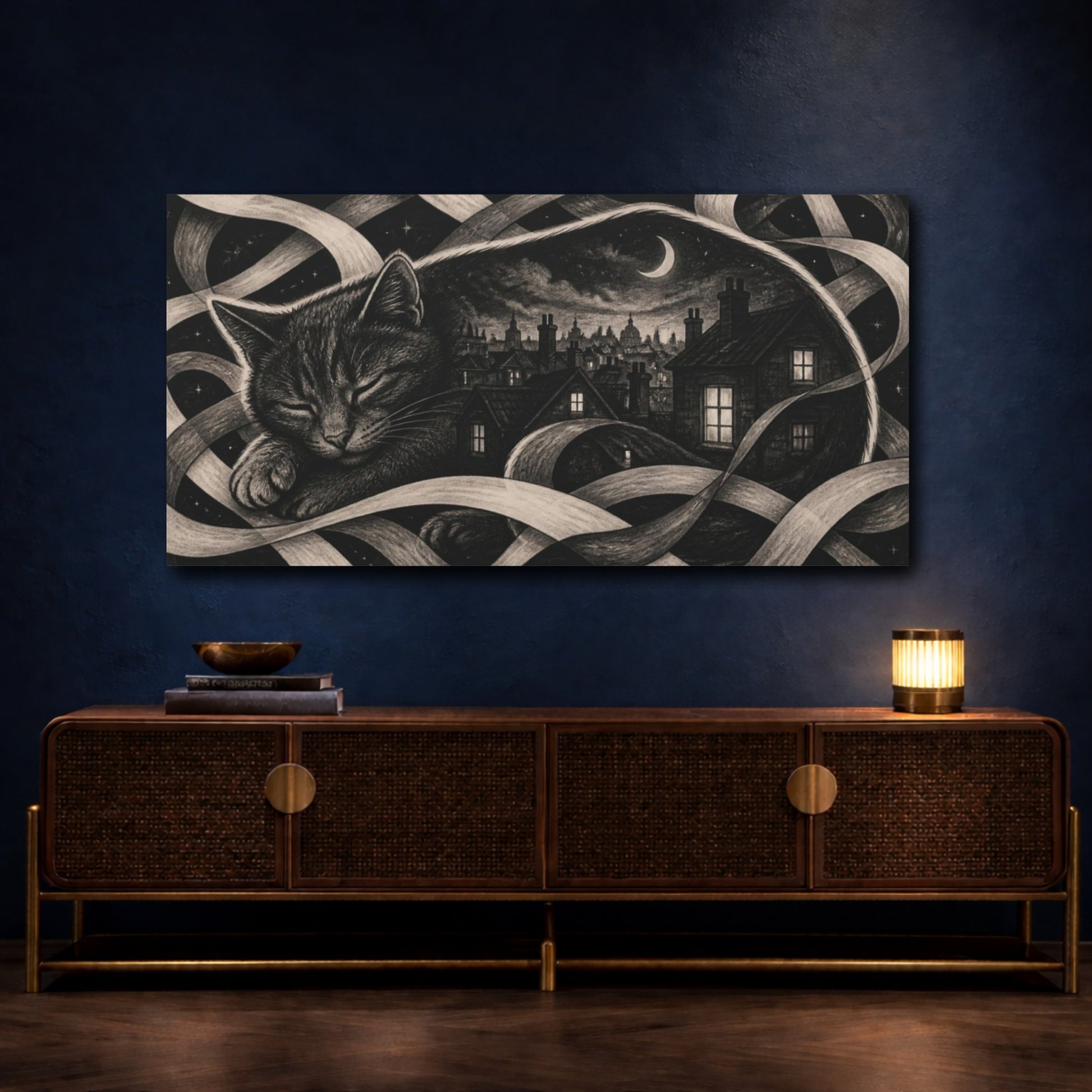 Mockup 4. Moonlit Rooftop Slumber shown as canvas print