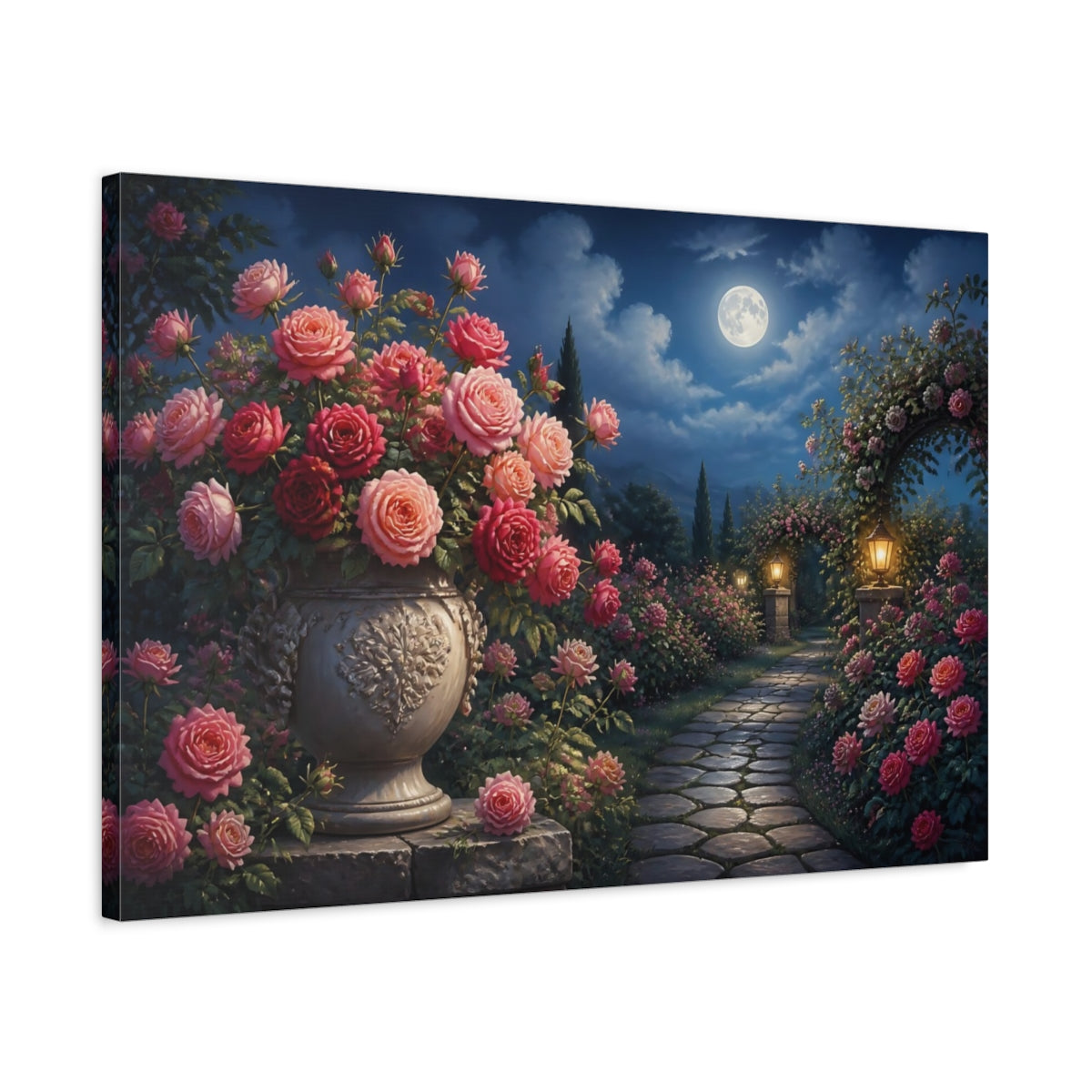 Side Mockup 2. Moonlit Rose Garden shown as canvas print
