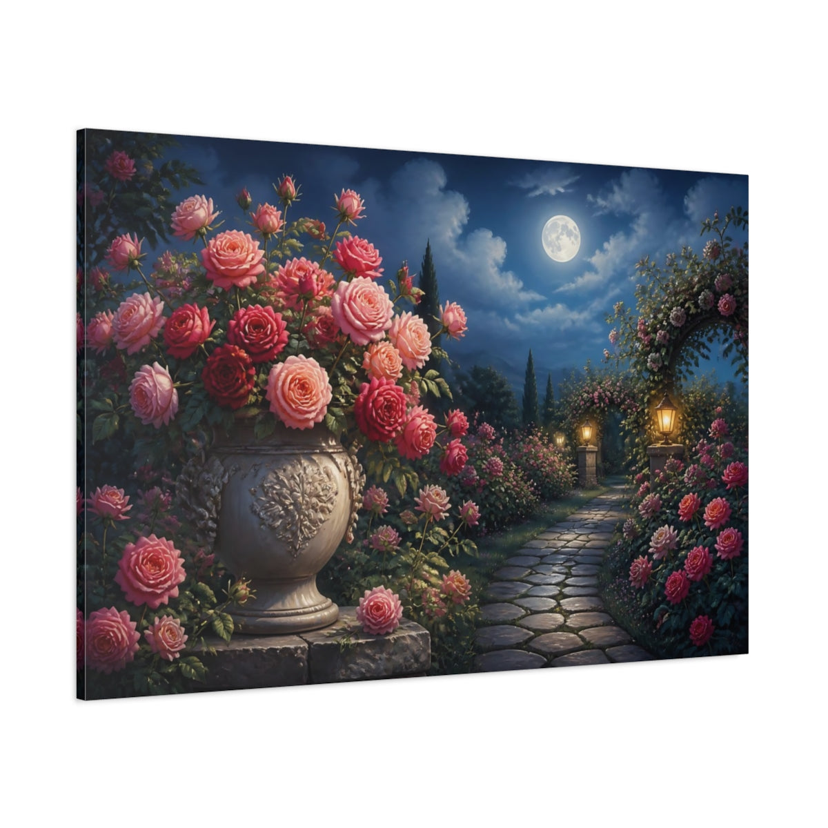 Side Mockup 1. Moonlit Rose Garden shown as canvas print
