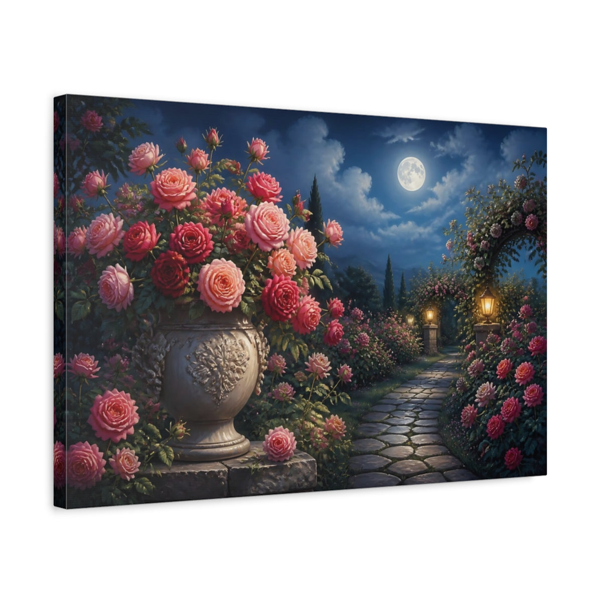 Side Mockup 3. Moonlit Rose Garden shown as canvas print