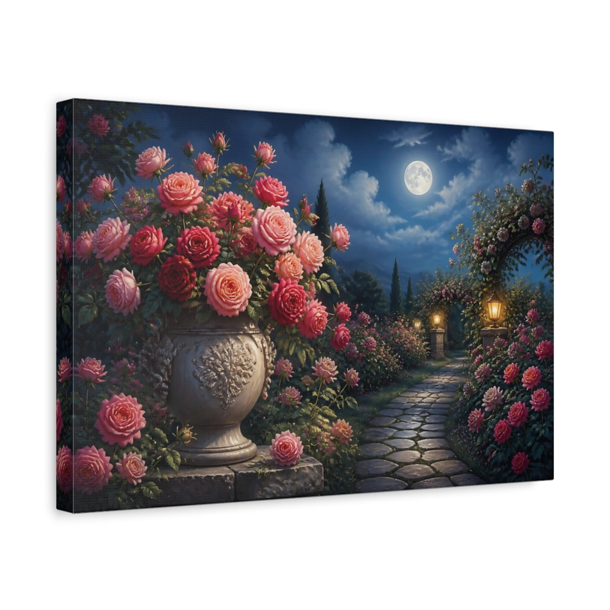 Side Mockup 4. Moonlit Rose Garden shown as canvas print