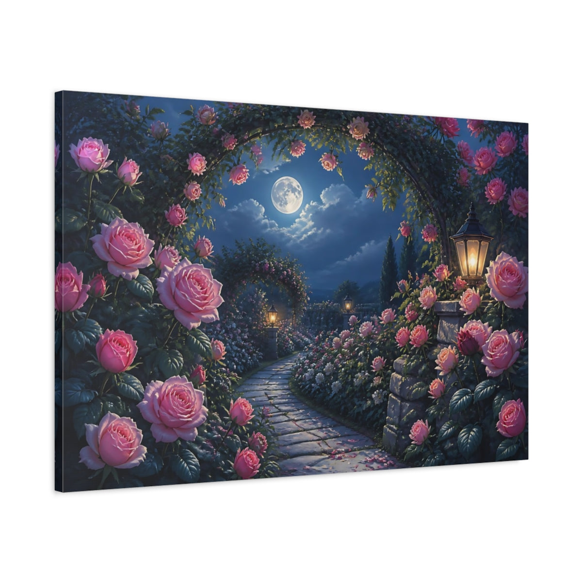 Main Mockup. Moonlit Rose Garden Path shown as canvas print
