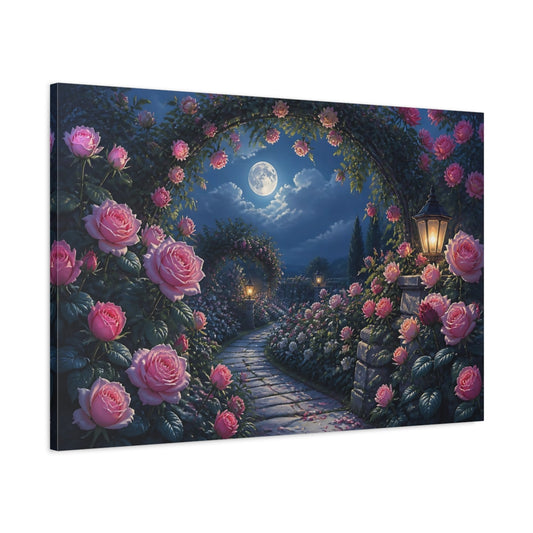 Main Mockup. Moonlit Rose Garden Path shown as canvas print