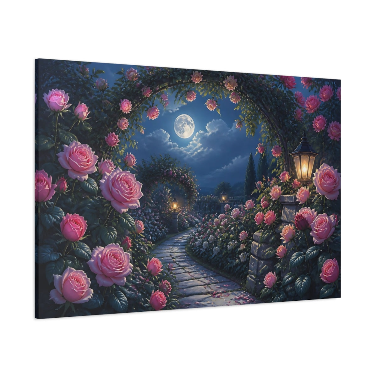 Side Mockup 1. Moonlit Rose Garden Path shown as canvas print