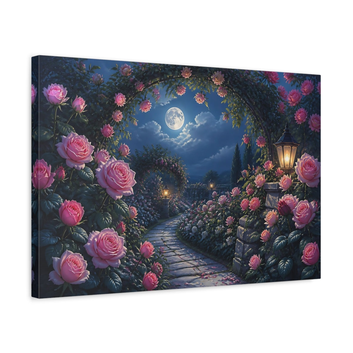 Side Mockup 3. Moonlit Rose Garden Path shown as canvas print
