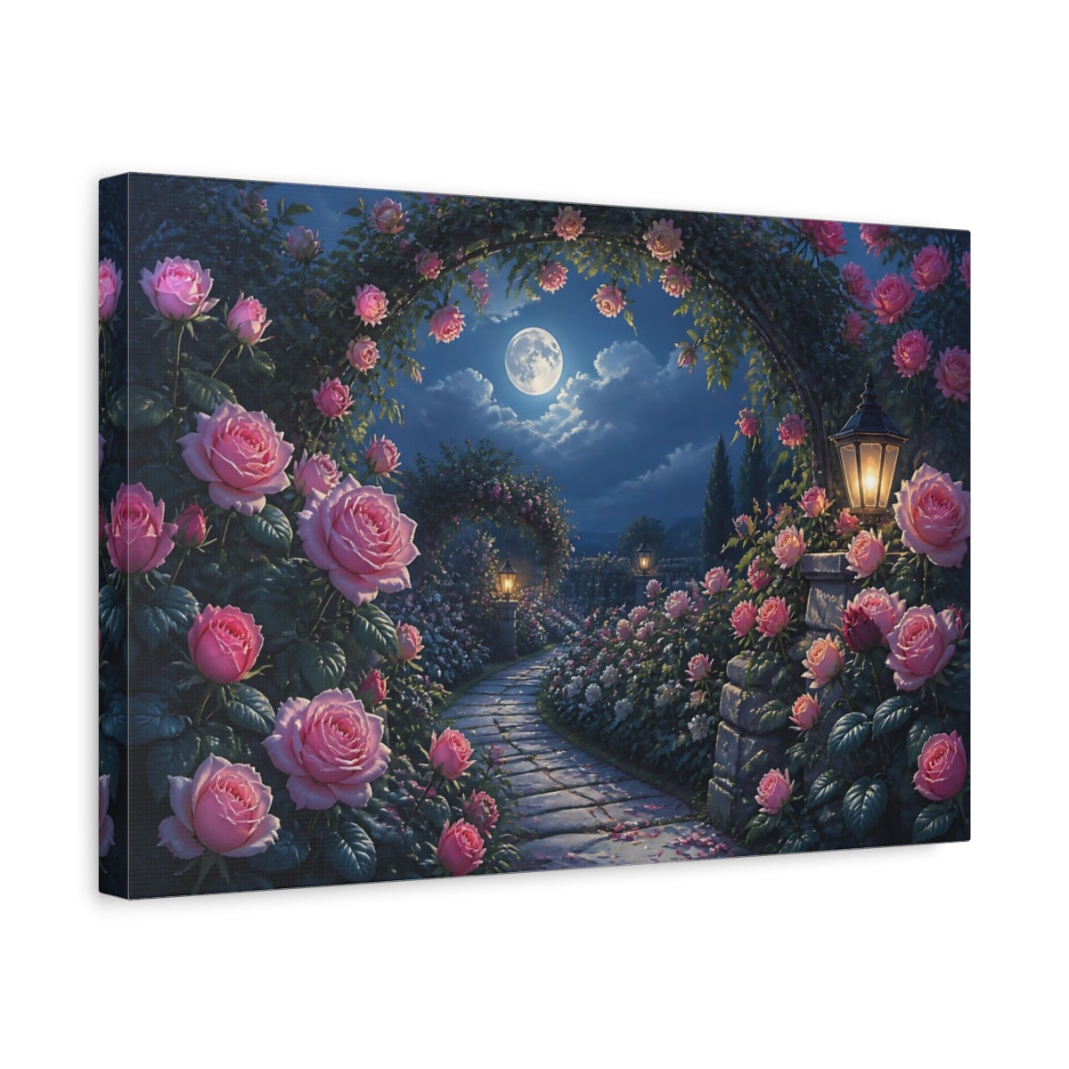 Side Mockup 4. Moonlit Rose Garden Path shown as canvas print