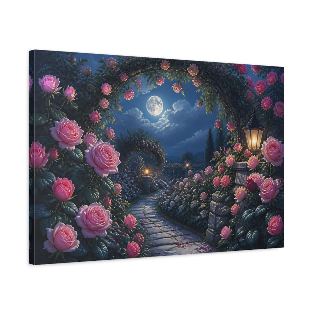 Side Mockup 2. Moonlit Rose Garden Path shown as canvas print