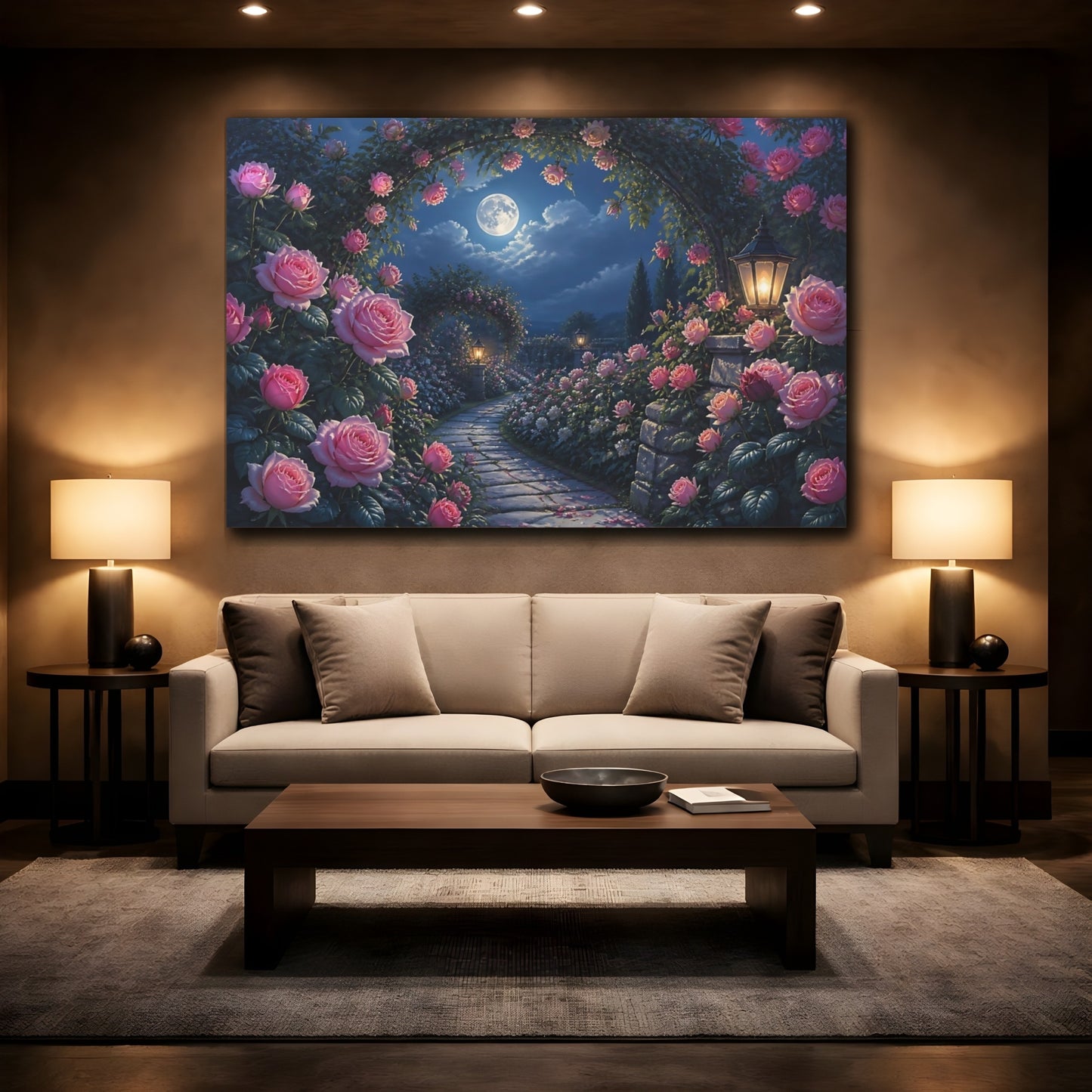 Mockup 2. Moonlit Rose Garden Path shown as canvas print