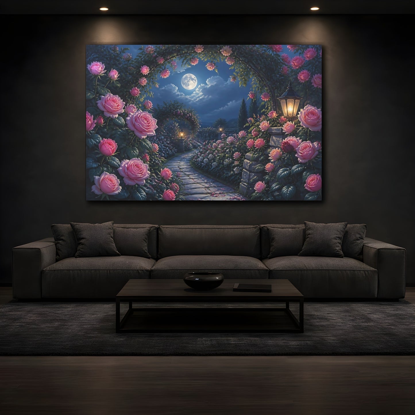 Mockup 3. Moonlit Rose Garden Path shown as canvas print