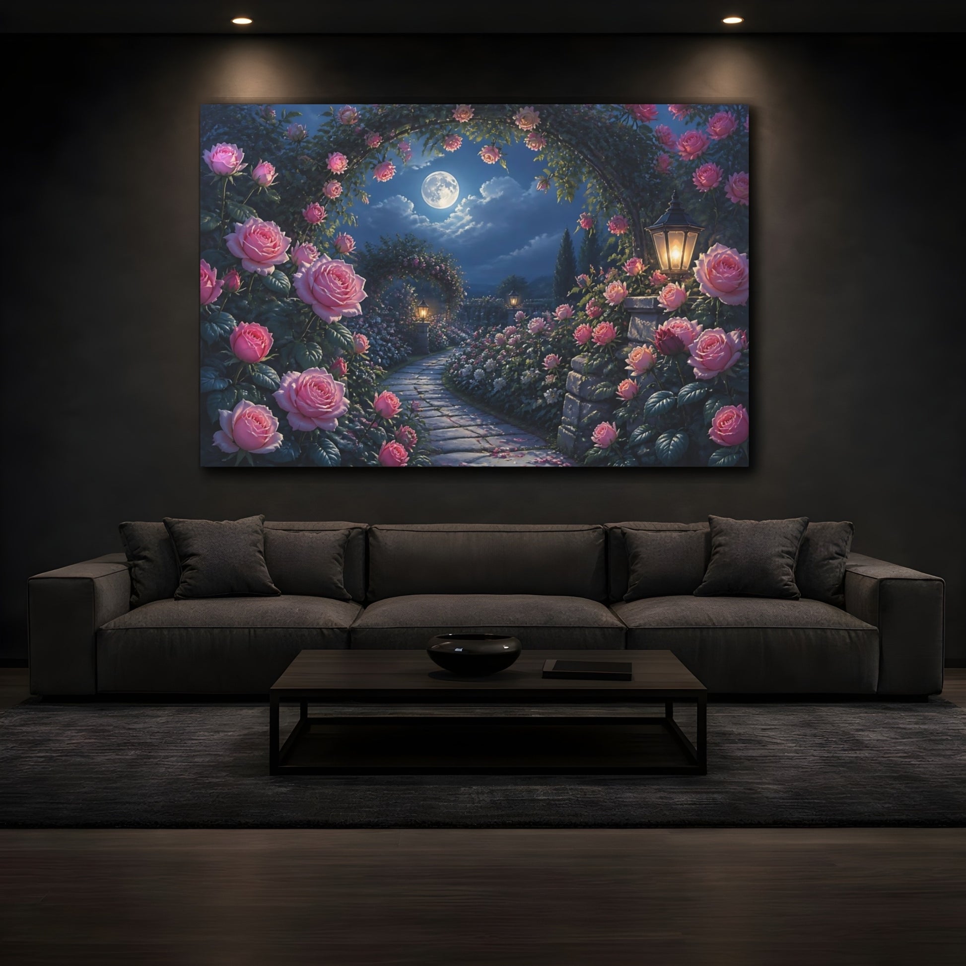 Mockup 3. Moonlit Rose Garden Path shown as canvas print