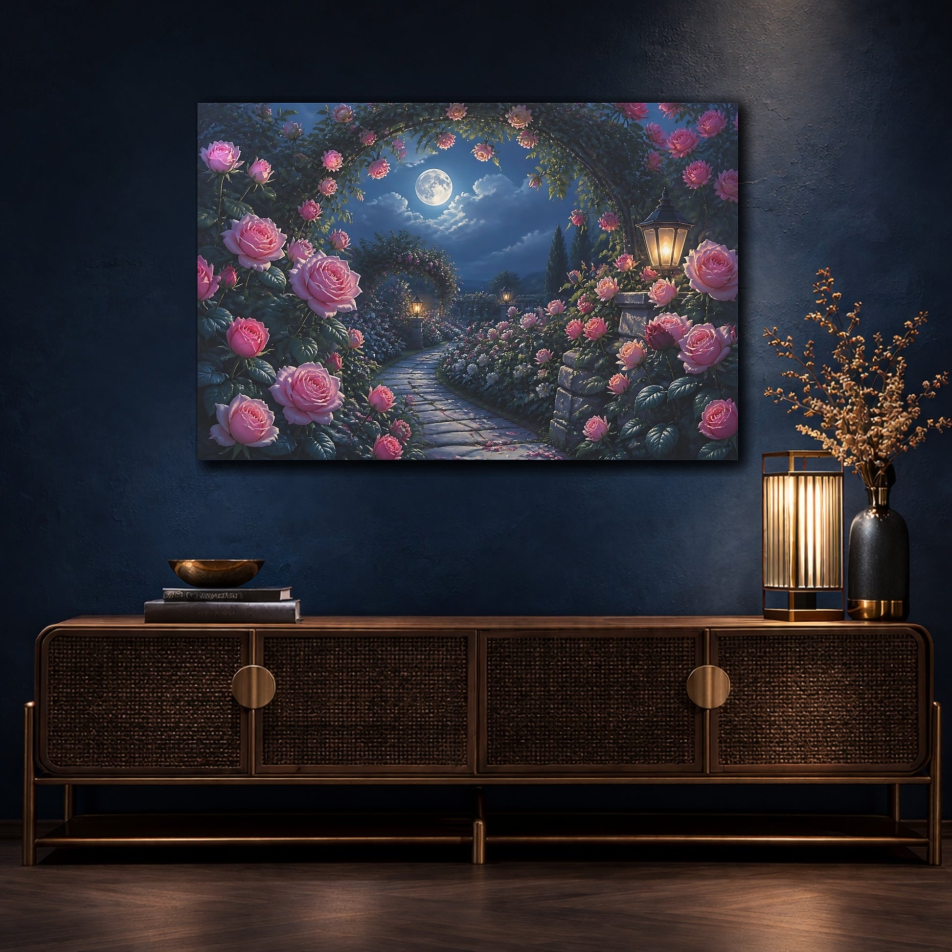 Mockup 4. Moonlit Rose Garden Path shown as canvas print