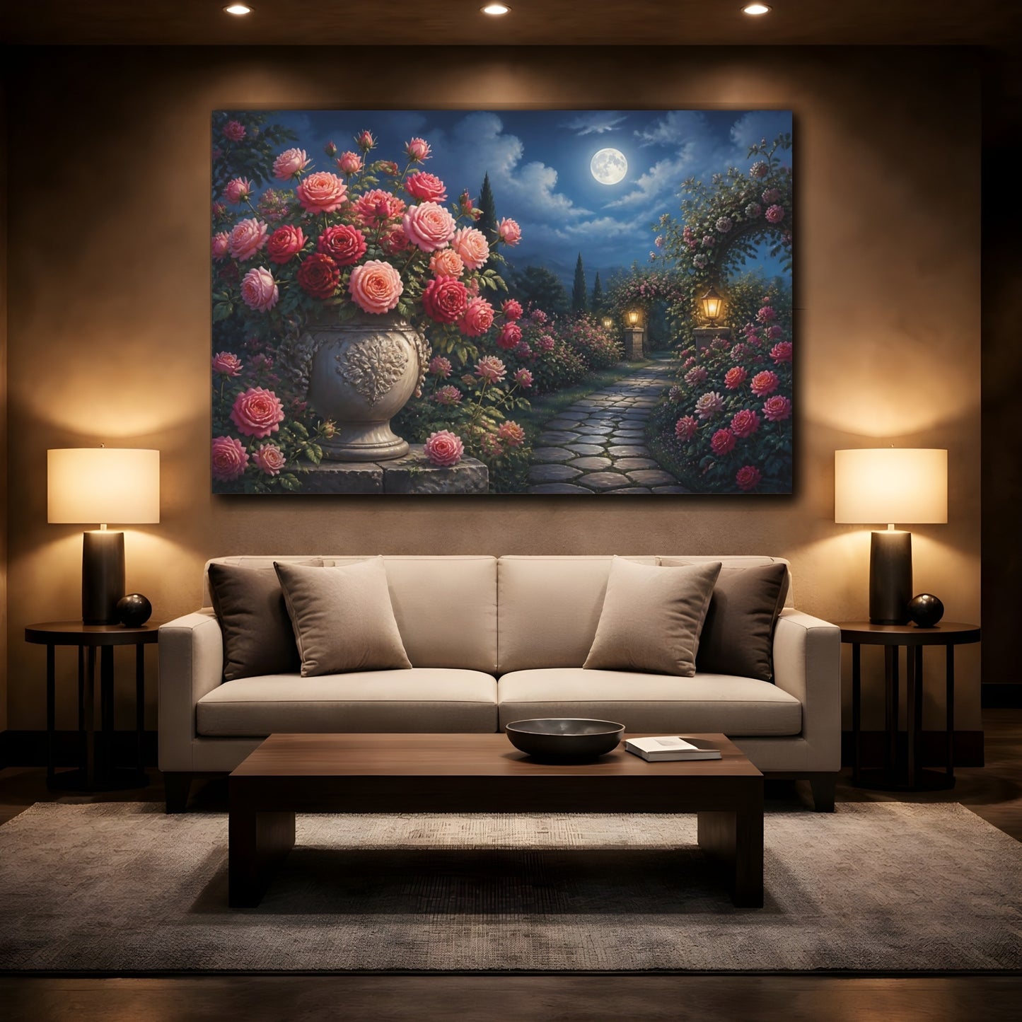 Mockup 2. Moonlit Rose Garden shown as canvas print
