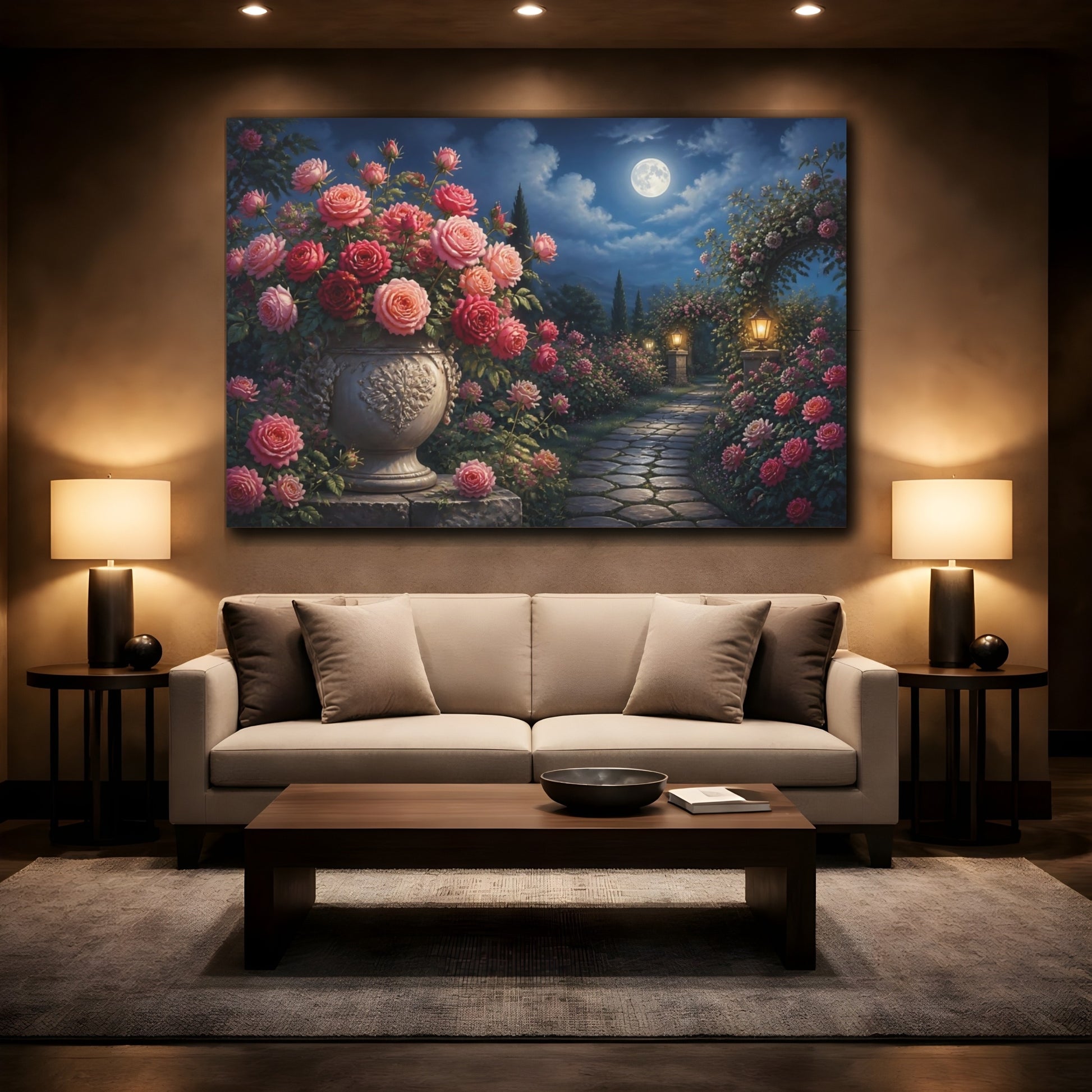 Mockup 2. Moonlit Rose Garden shown as canvas print