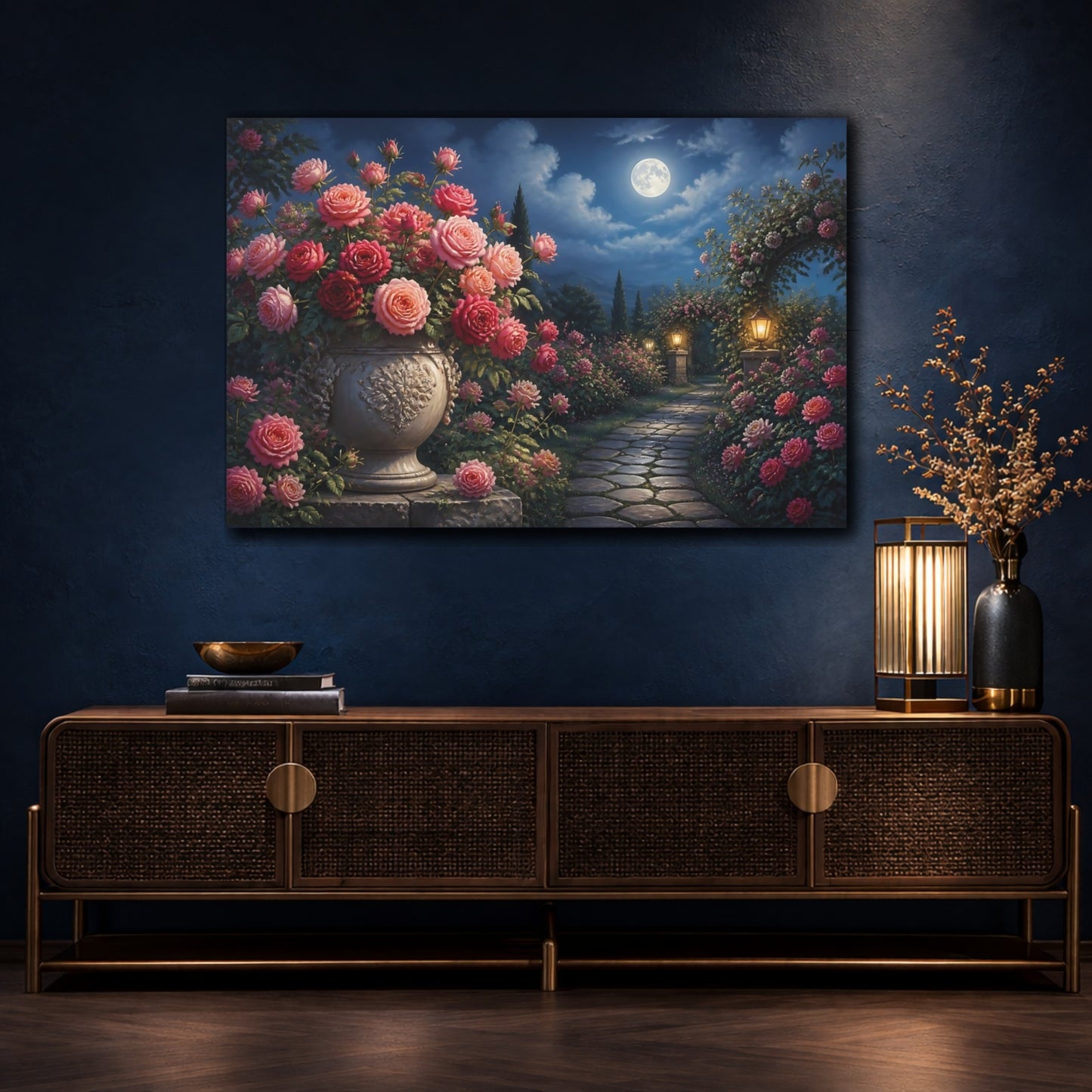 Mockup 4. Moonlit Rose Garden shown as canvas print