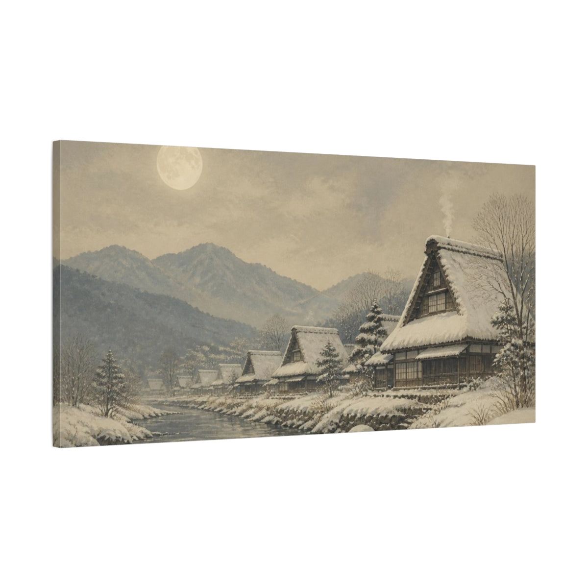 Main Mockup. Moonlit Snow Village shown as canvas print