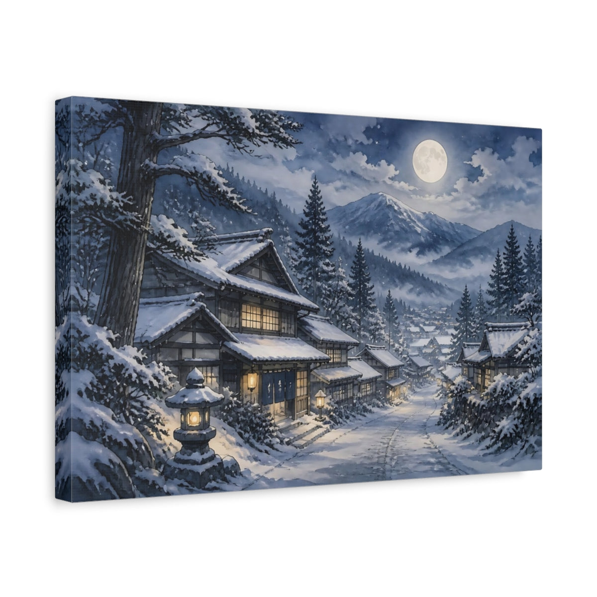 Side Mockup 4. Moonlit Snow Village shown as canvas print